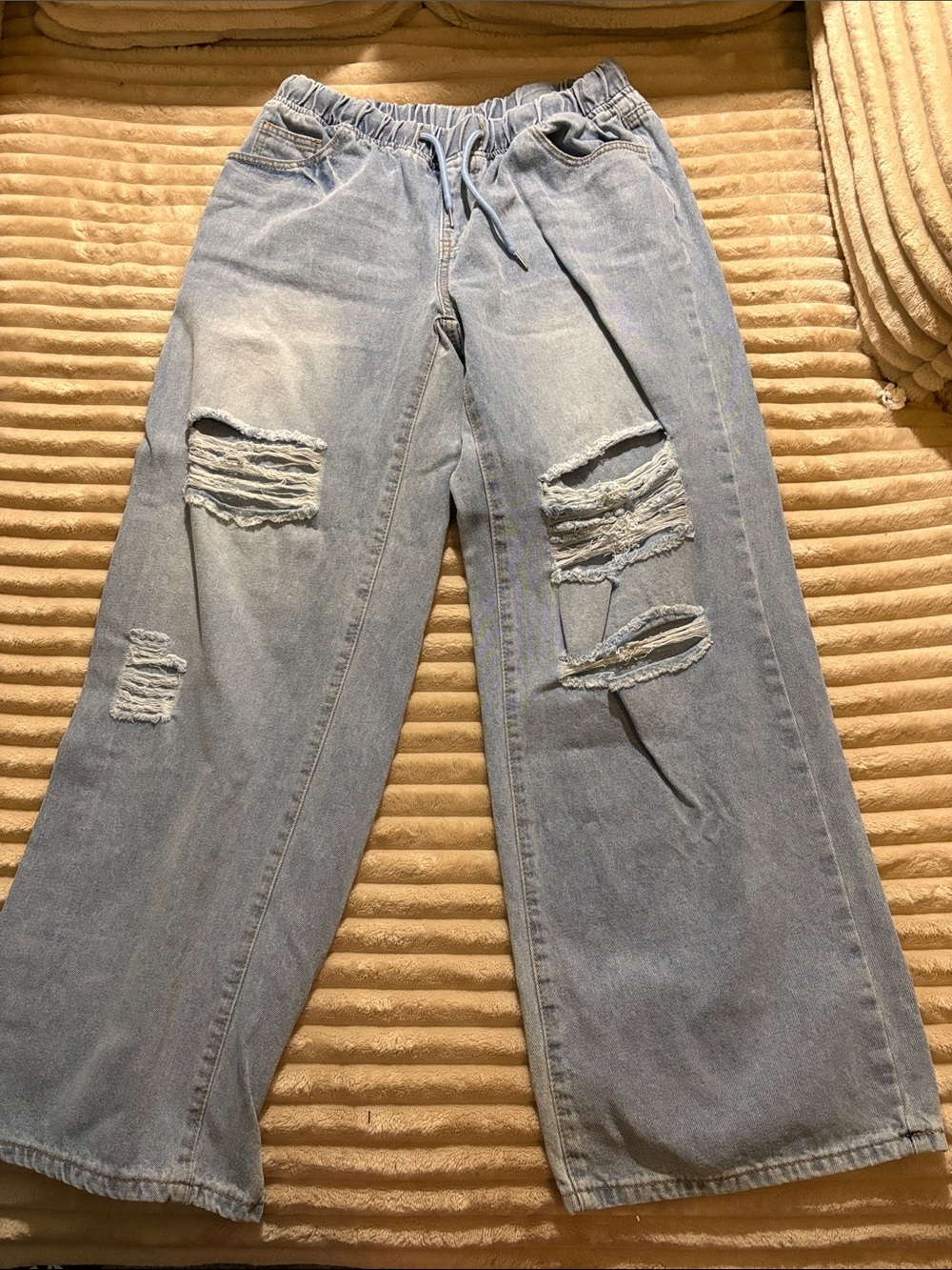 Light Blue Distressed Wide Leg Jeans - Women